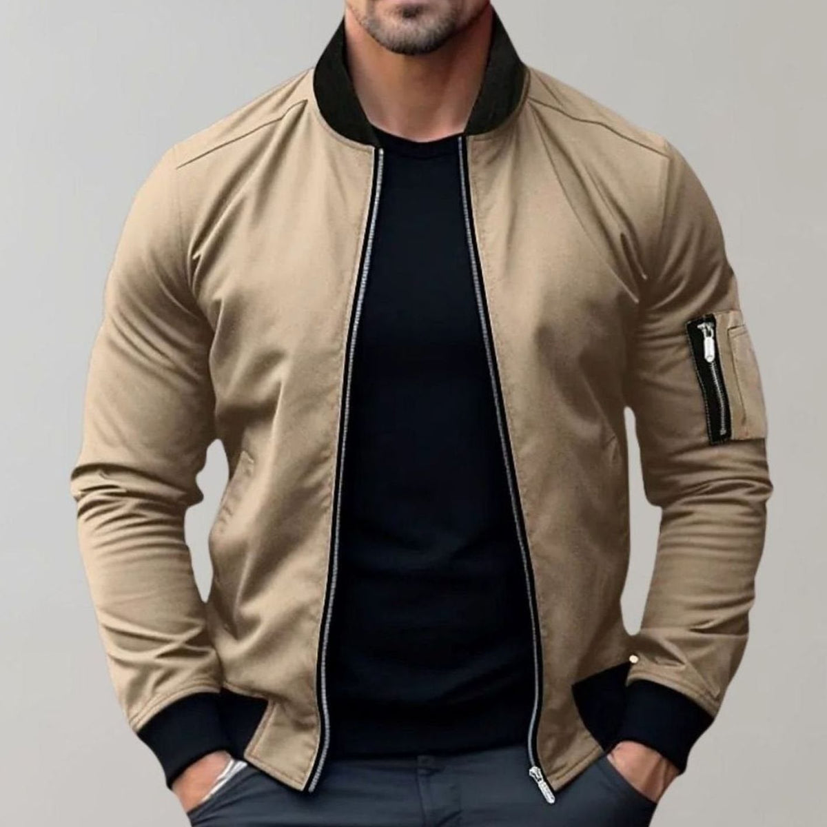 Men's Slim-Cut Ribbed-Collar Bomber Jacket – Khaki