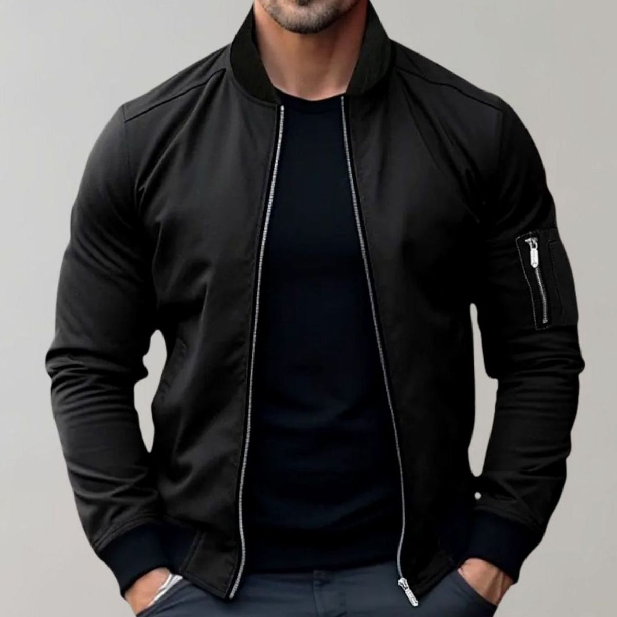 Men's Slim-Cut Ribbed-Collar Bomber Jacket – Black