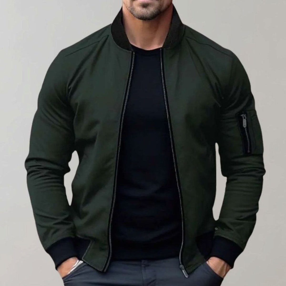 Men's Slim-Cut Ribbed-Collar Bomber Jacket – Green