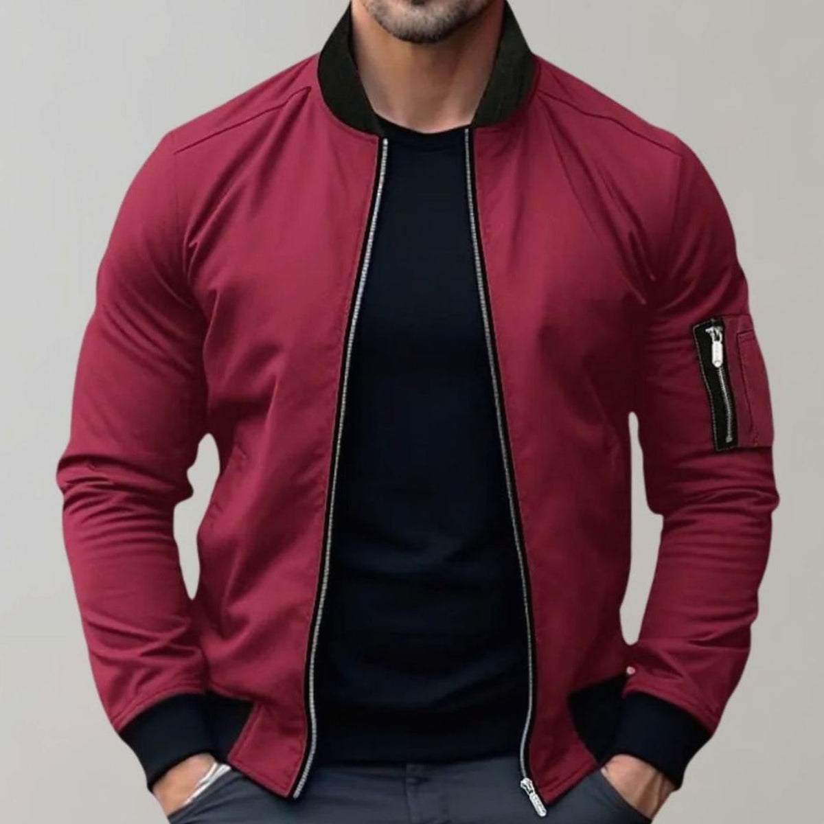 Men's Slim-Cut Ribbed-Collar Bomber Jacket – Burgundy