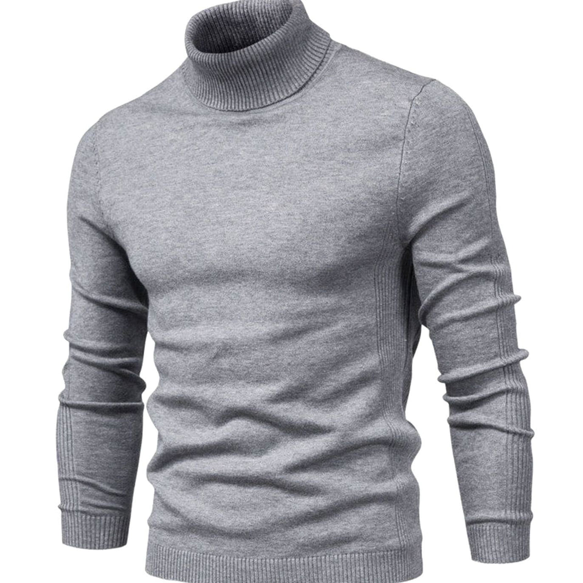 Men's Slim-Cut Rib-Knit Roll-Neck Knit Pullover – Gray