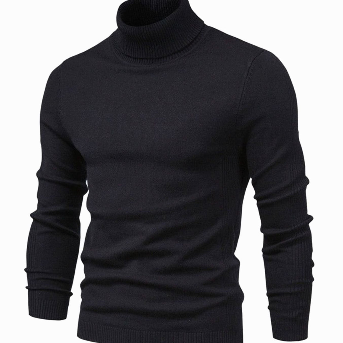 Men's Slim-Cut Rib-Knit Roll-Neck Knit Pullover – Black