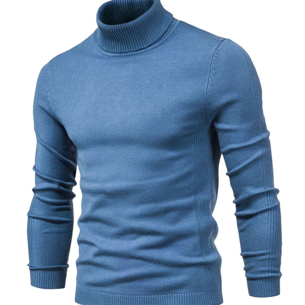 Men's Slim-Cut Rib-Knit Roll-Neck Knit Pullover – Light Blue