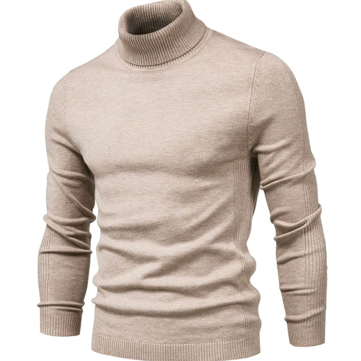 Men's Slim-Cut Rib-Knit Roll-Neck Knit Pullover – Beige