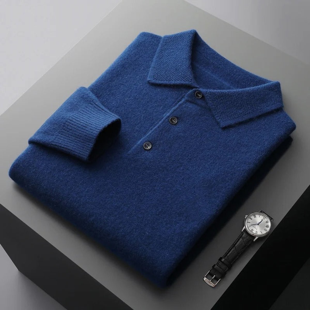 Men's Plush Knit Polo Pullover – Navy Blue