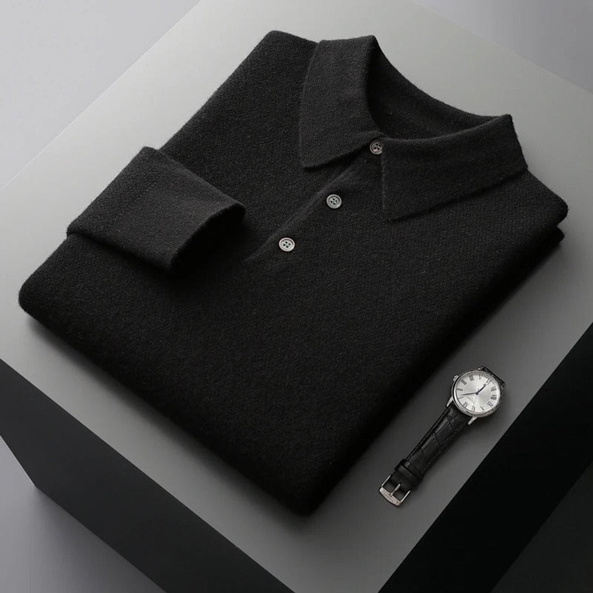 Men's Plush Knit Polo Pullover – Black