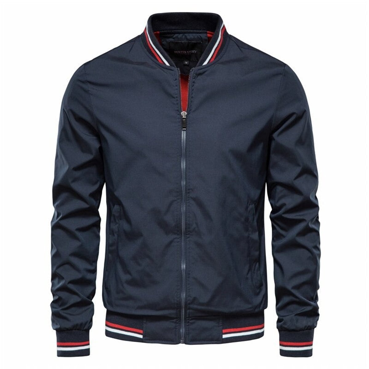Men's Ribbed-Trim Full-Zip Bomber Jacket – Navy Blue