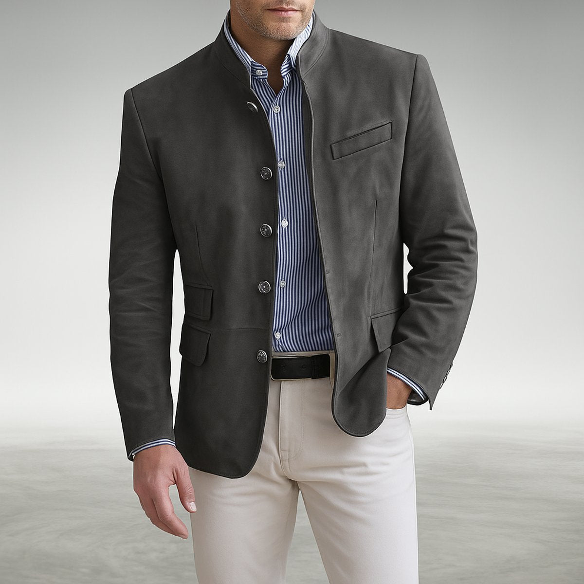 Men's Structured Mandarin Collar Button-Front Jacket for Evening Wear – Gray