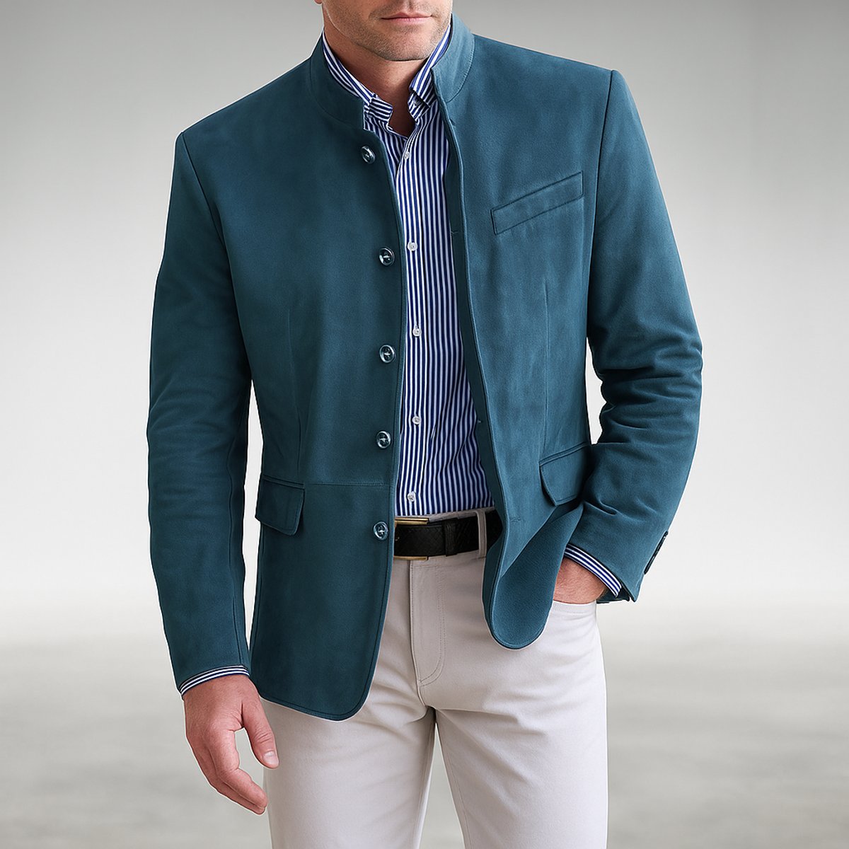 Men's Structured Mandarin Collar Button-Front Jacket for Evening Wear – Blue