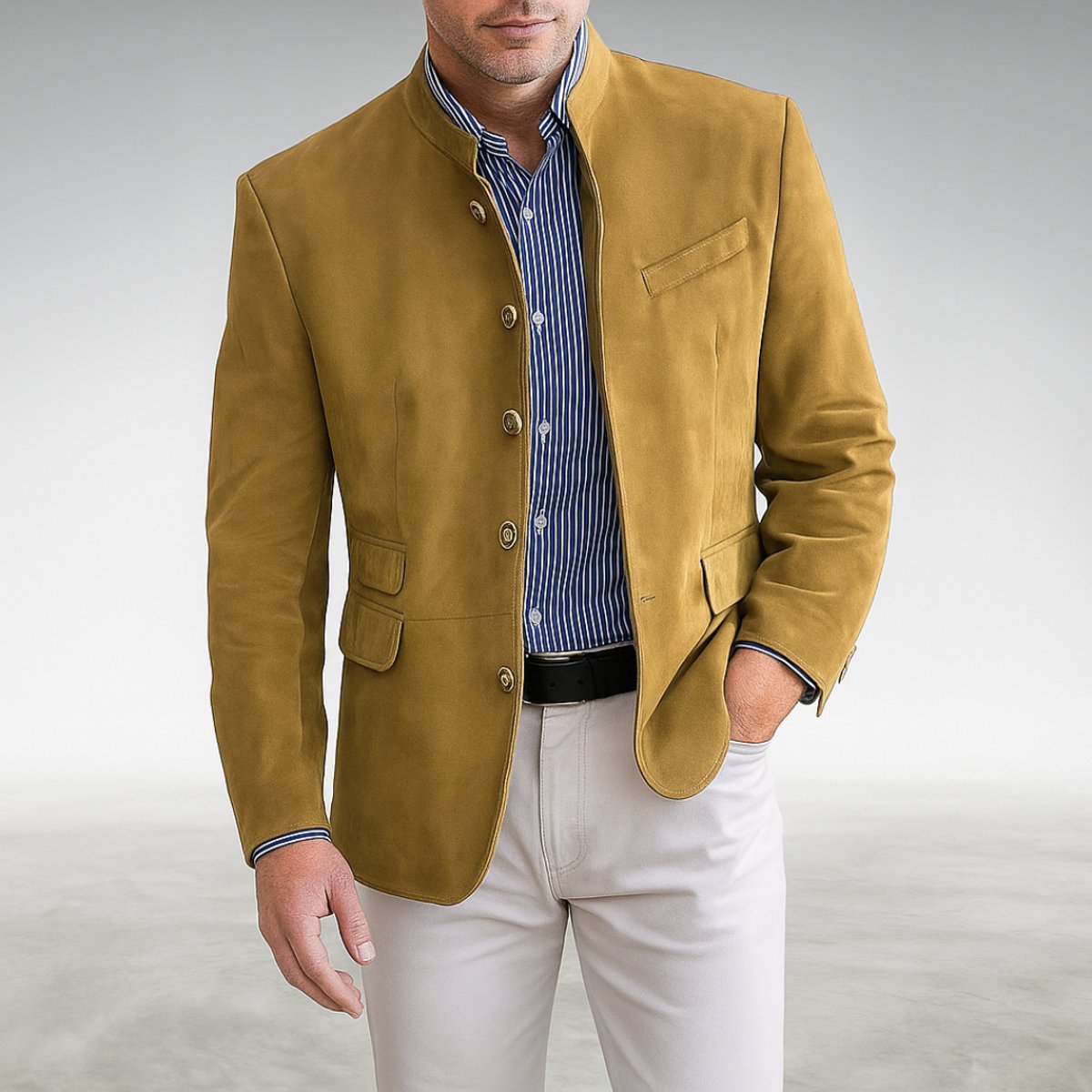 Men's Structured Mandarin Collar Button-Front Jacket for Evening Wear – Yellow