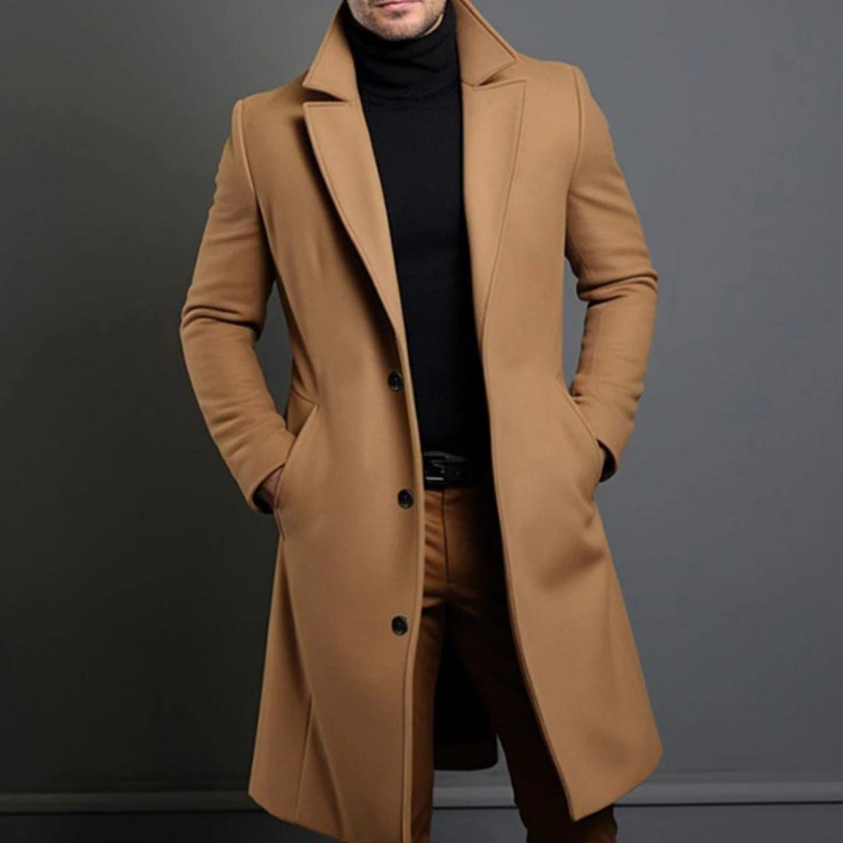 Men's Single-Breast Knee-Length Fitted Overcoat – Brown