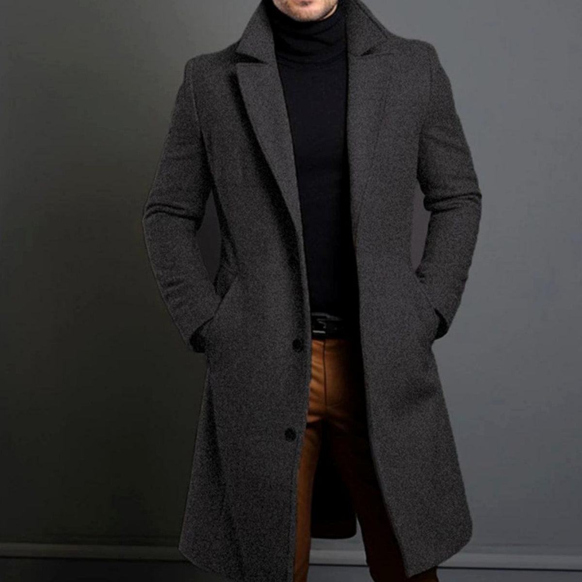 Men's Single-Breast Knee-Length Fitted Overcoat – Gray