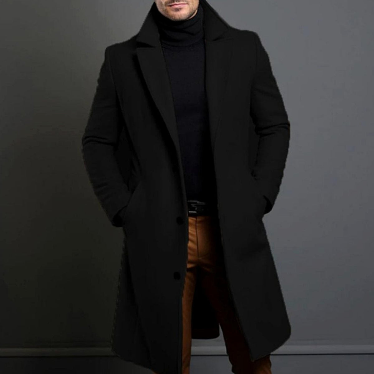 Men's Single-Breast Knee-Length Fitted Overcoat – Black