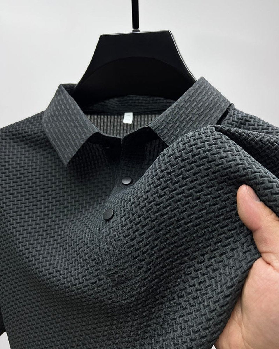 Men's Textured Mesh-Panel Button-Up Polo Shirt – Gray