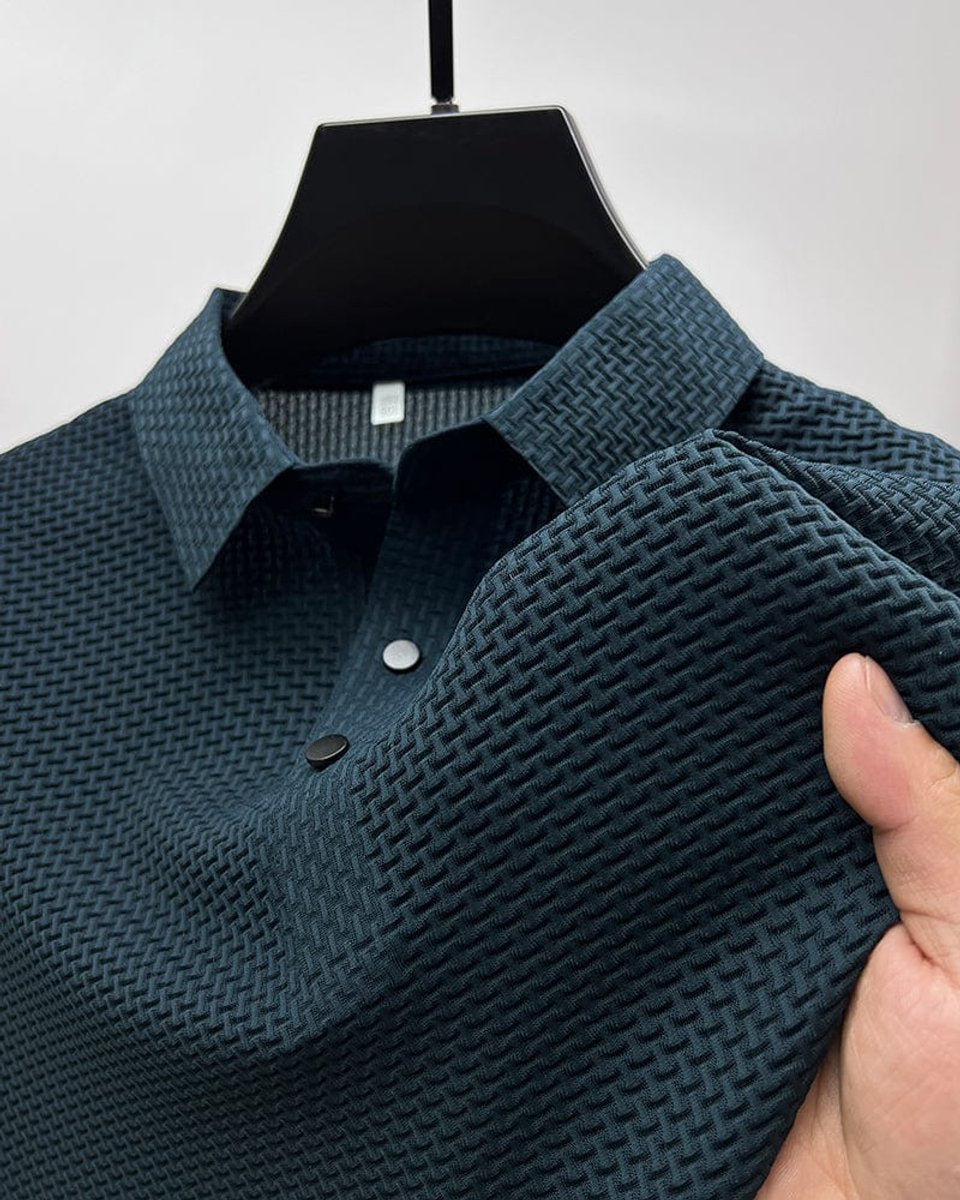 Men's Textured Mesh-Panel Button-Up Polo Shirt – Navy Blue
