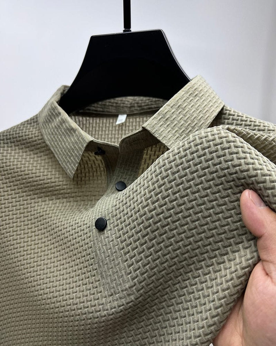 Men's Textured Mesh-Panel Button-Up Polo Shirt – Beige