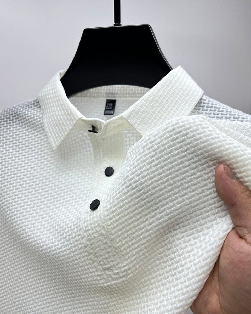 Men's Textured Mesh-Panel Button-Up Polo Shirt – White