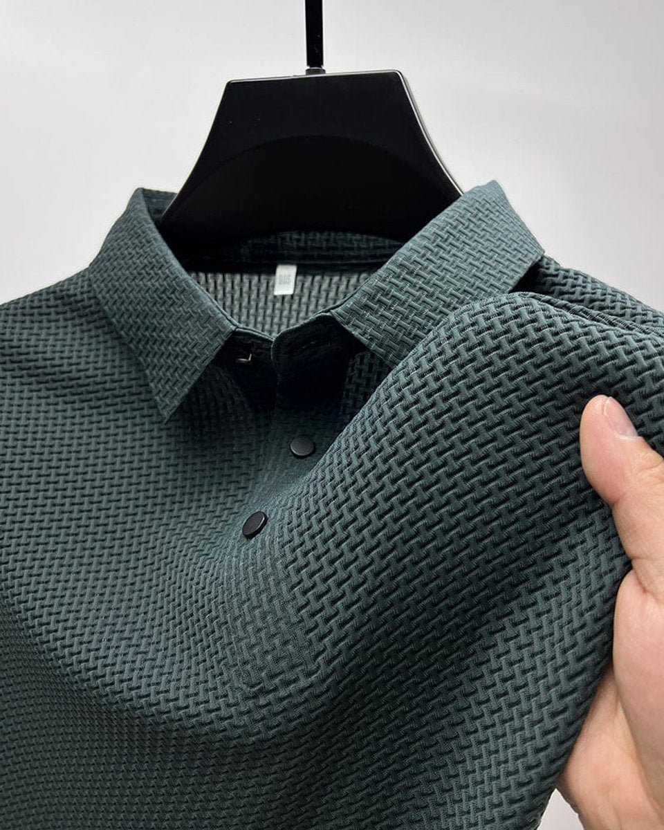 Men's Textured Mesh-Panel Button-Up Polo Shirt – Dark Green