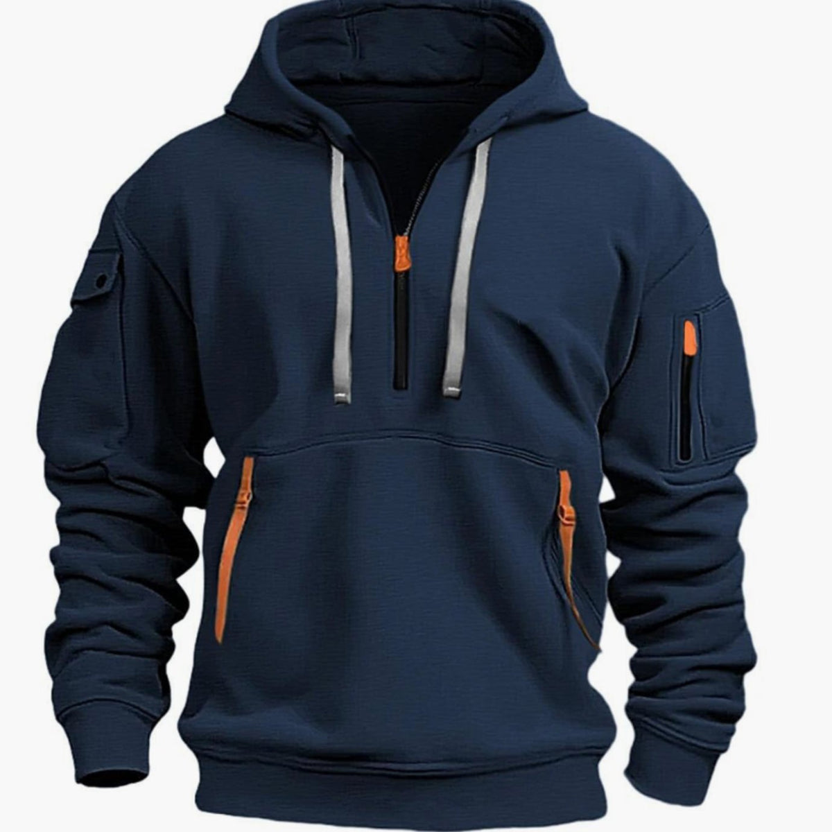 Men's Utility Pocketed Quarter-Zip Hood-Detail Knit Sweater – Dark Blue