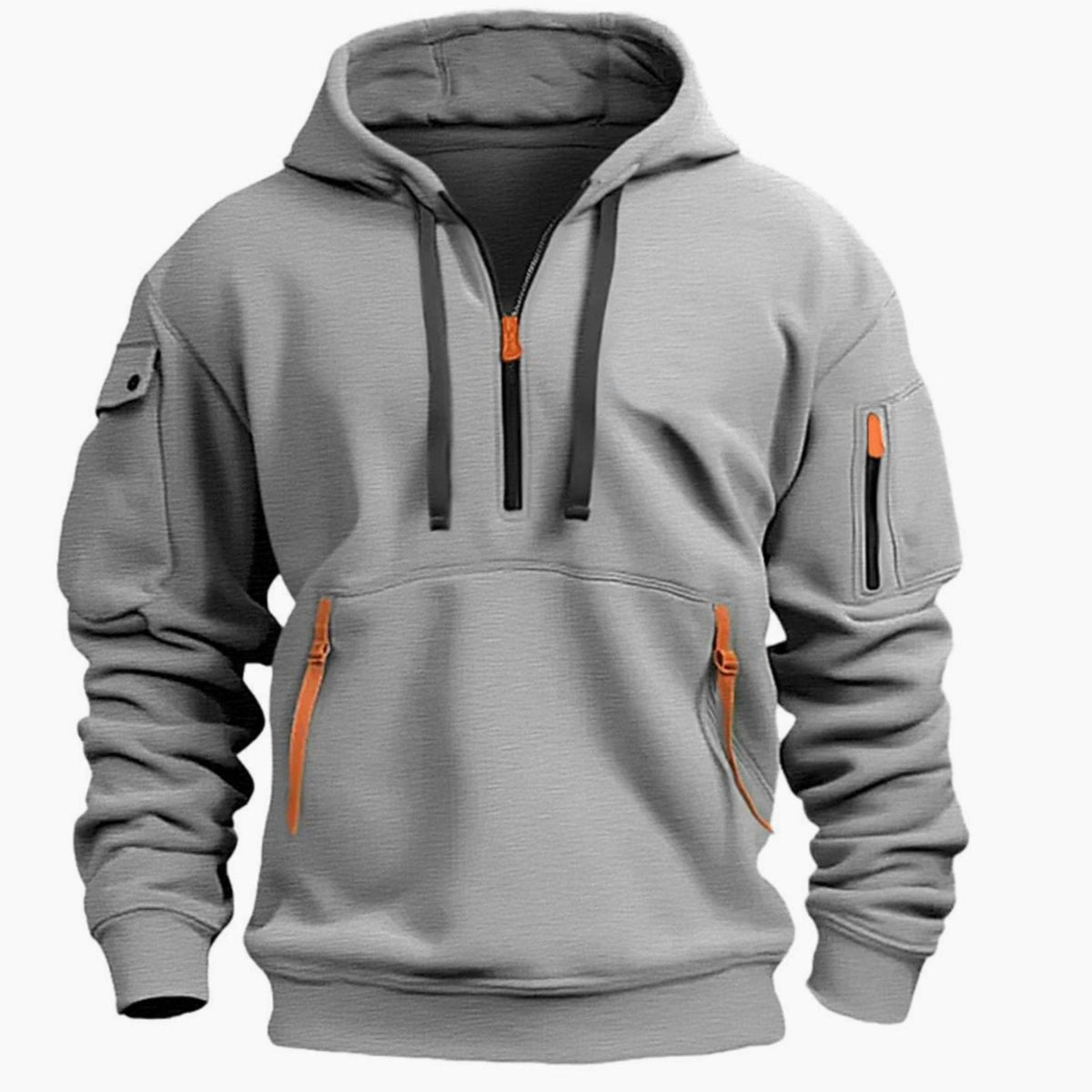 Men's Utility Pocketed Quarter-Zip Hood-Detail Knit Sweater – Light Gray