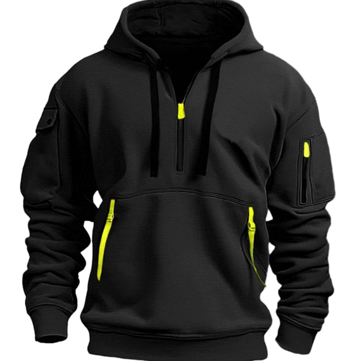Men's Utility Pocketed Quarter-Zip Hood-Detail Knit Sweater – Black