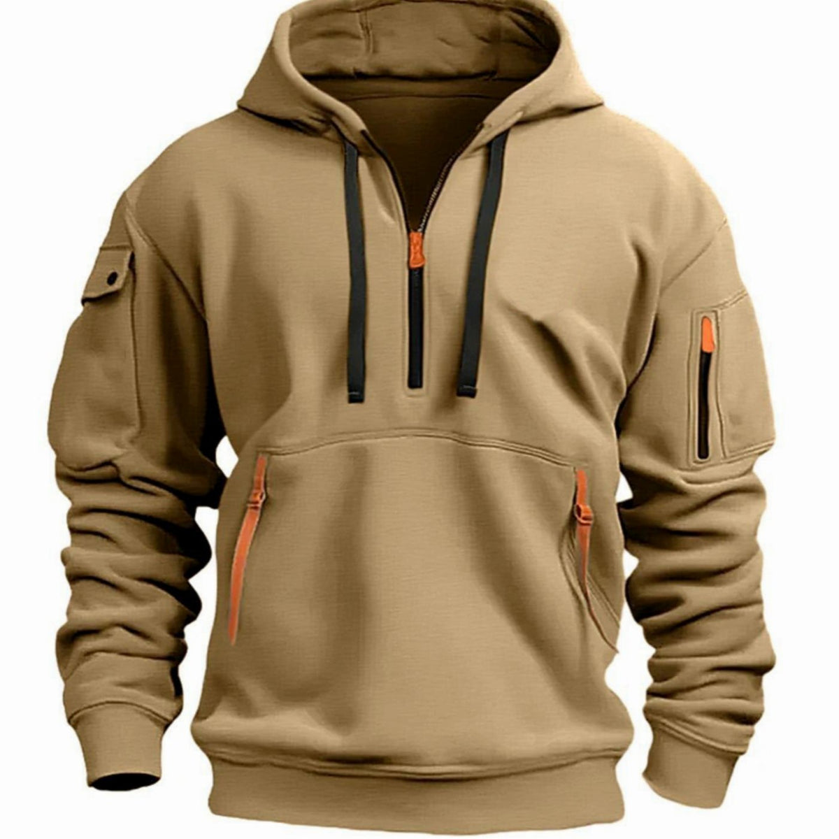 Men's Utility Pocketed Quarter-Zip Hood-Detail Knit Sweater – Khaki