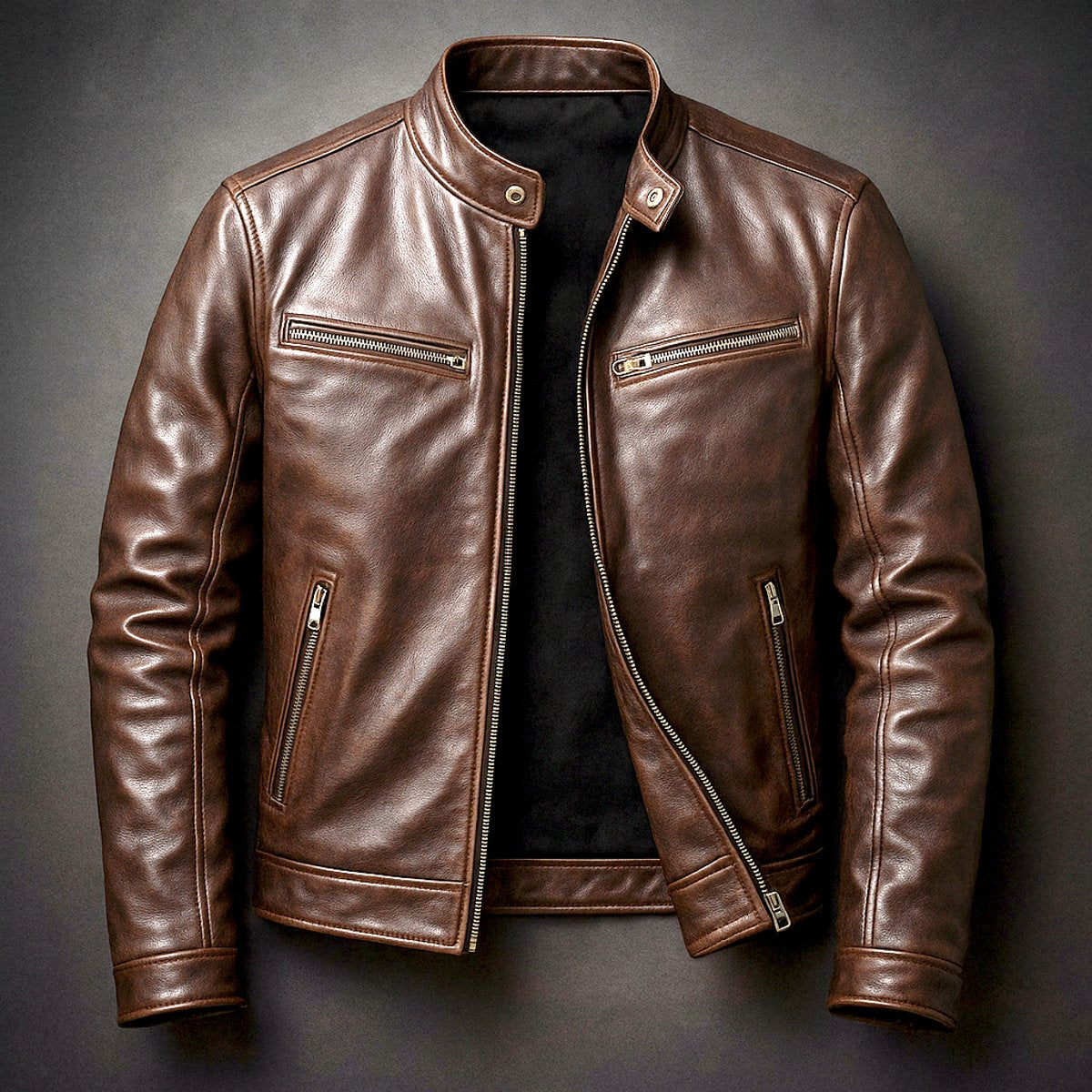 Men's Retro Biker Leather Jacket Zip-Front Moto Style – Cigar Brown