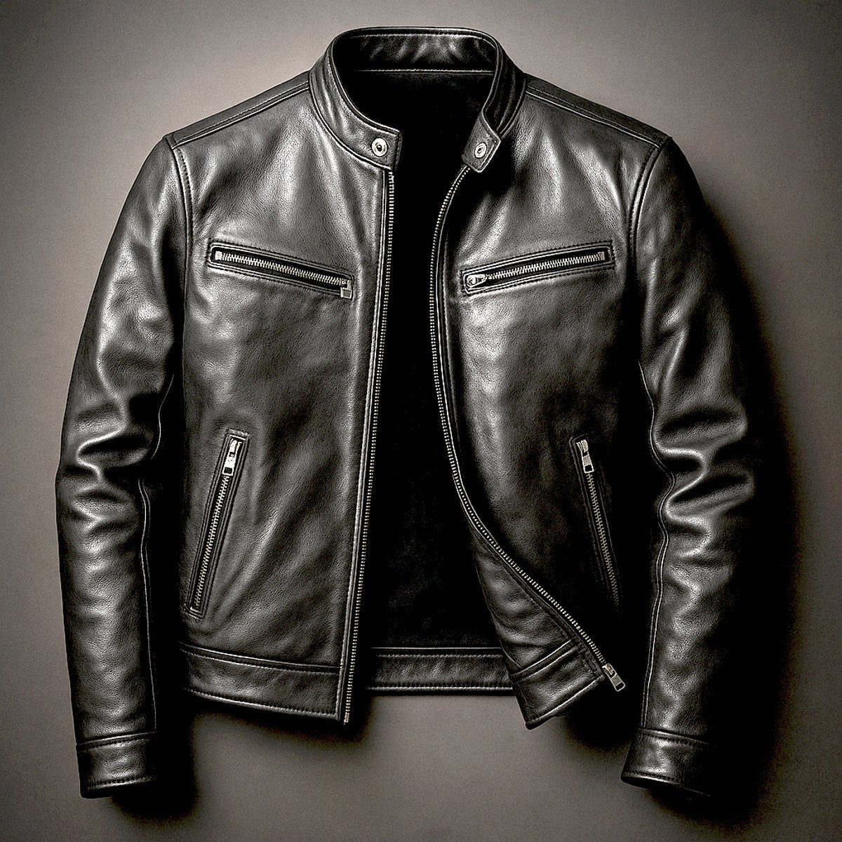 Men's Retro Biker Leather Jacket Zip-Front Moto Style – Biker Black
