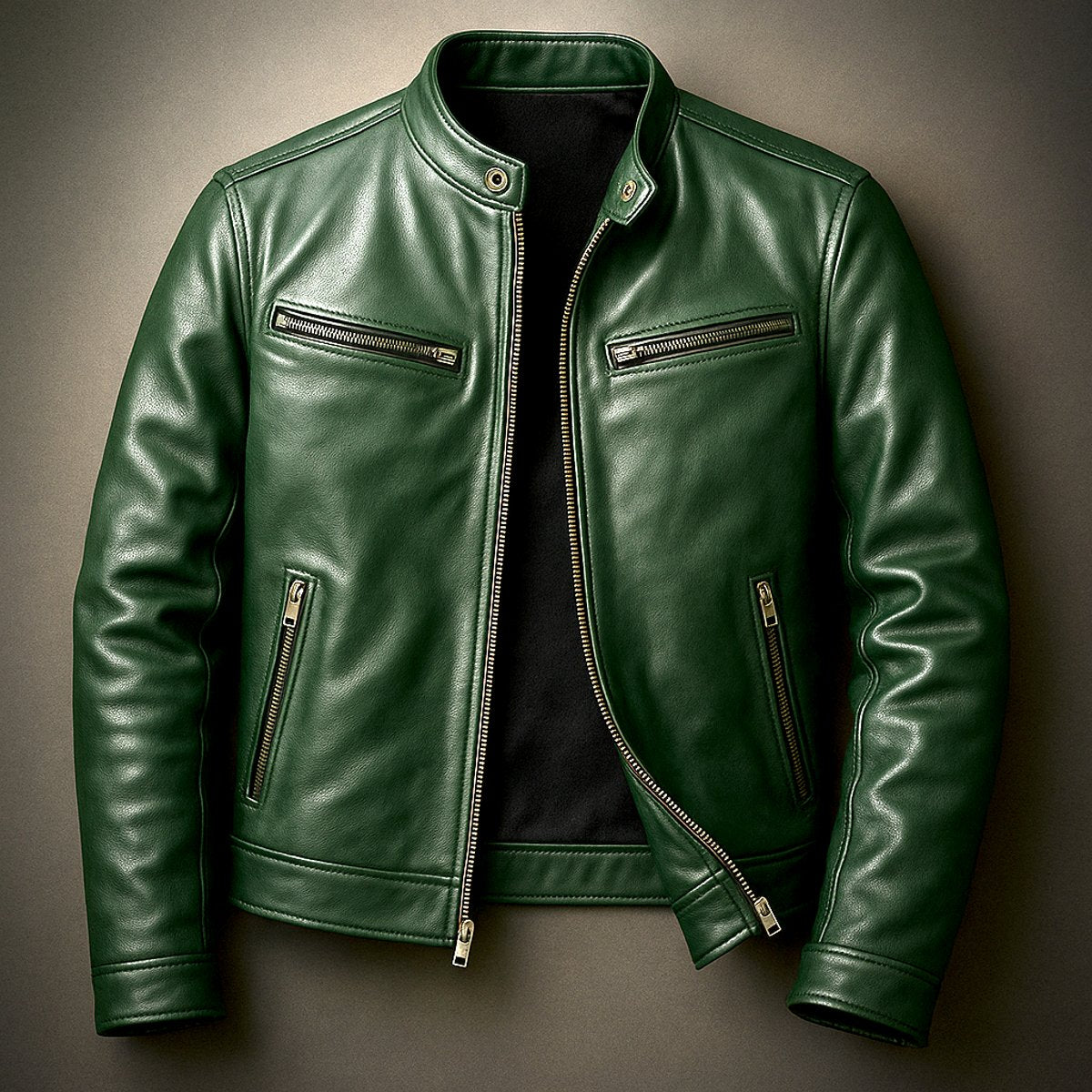 Men's Retro Biker Leather Jacket Zip-Front Moto Style – Forest Green