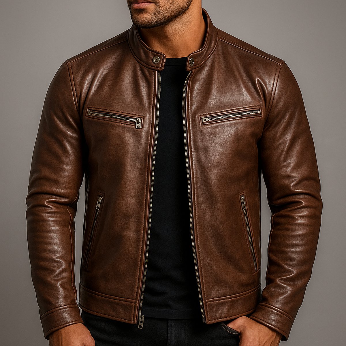 Men's Retro Biker Leather Jacket Zip-Front Moto Style – view 5