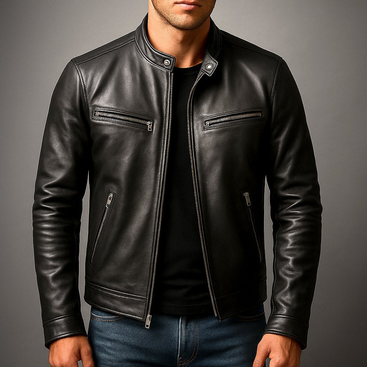 Men's Retro Biker Leather Jacket Zip-Front Moto Style – view 6