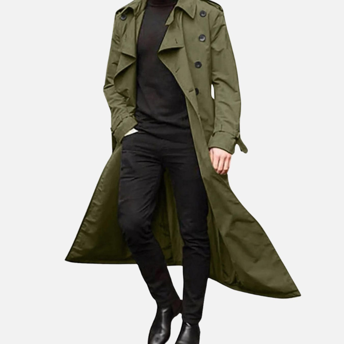 Men's Double-Breast Full-Length Trench Coat – Green