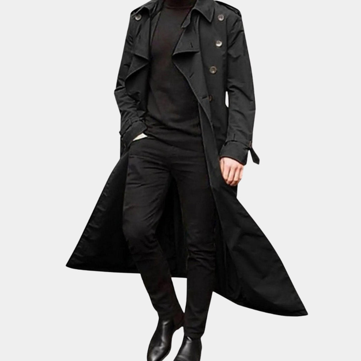 Men's Double-Breast Full-Length Trench Coat – Black