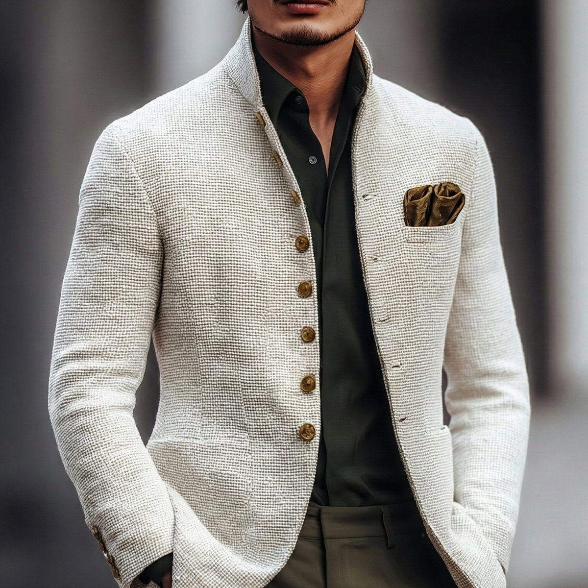 Men's Textured Stand Collar Single-Breast Knit Cardigan for Winter – White