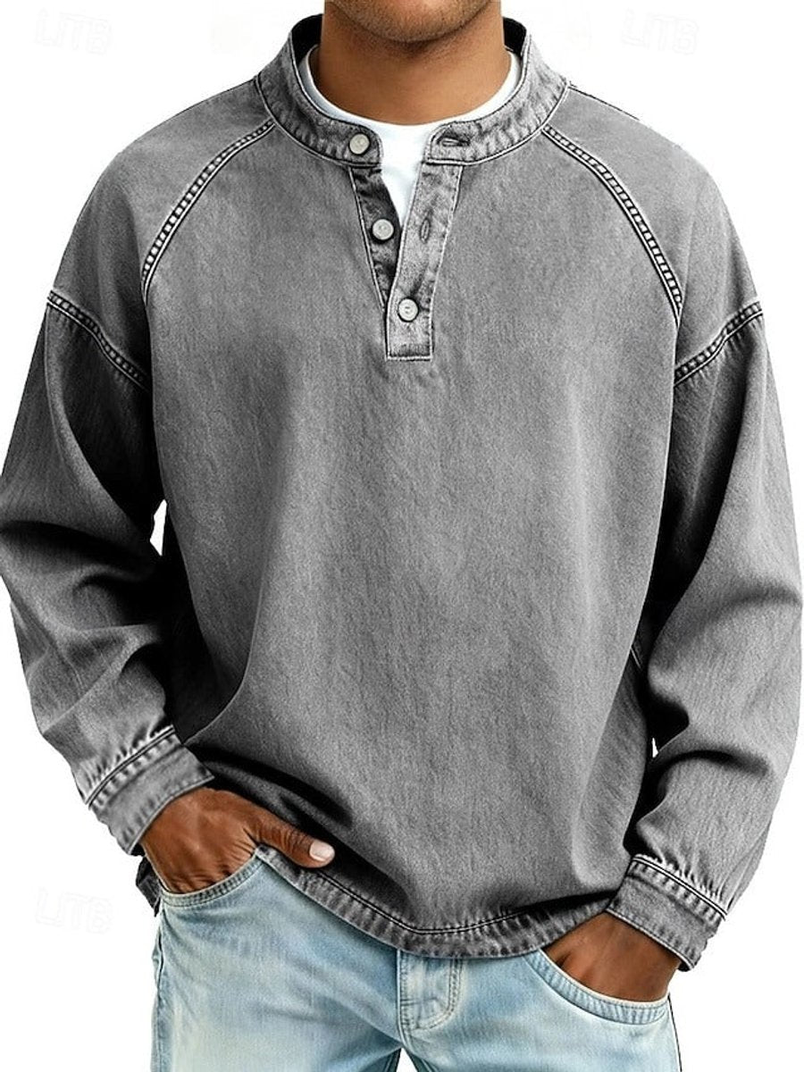Men's Retro Washed Henley Knit Sweater – Gray