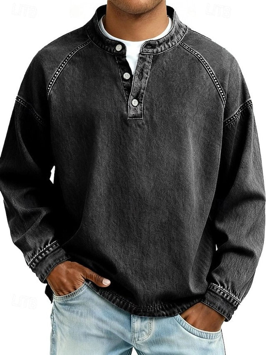 Men's Retro Washed Henley Knit Sweater – Black