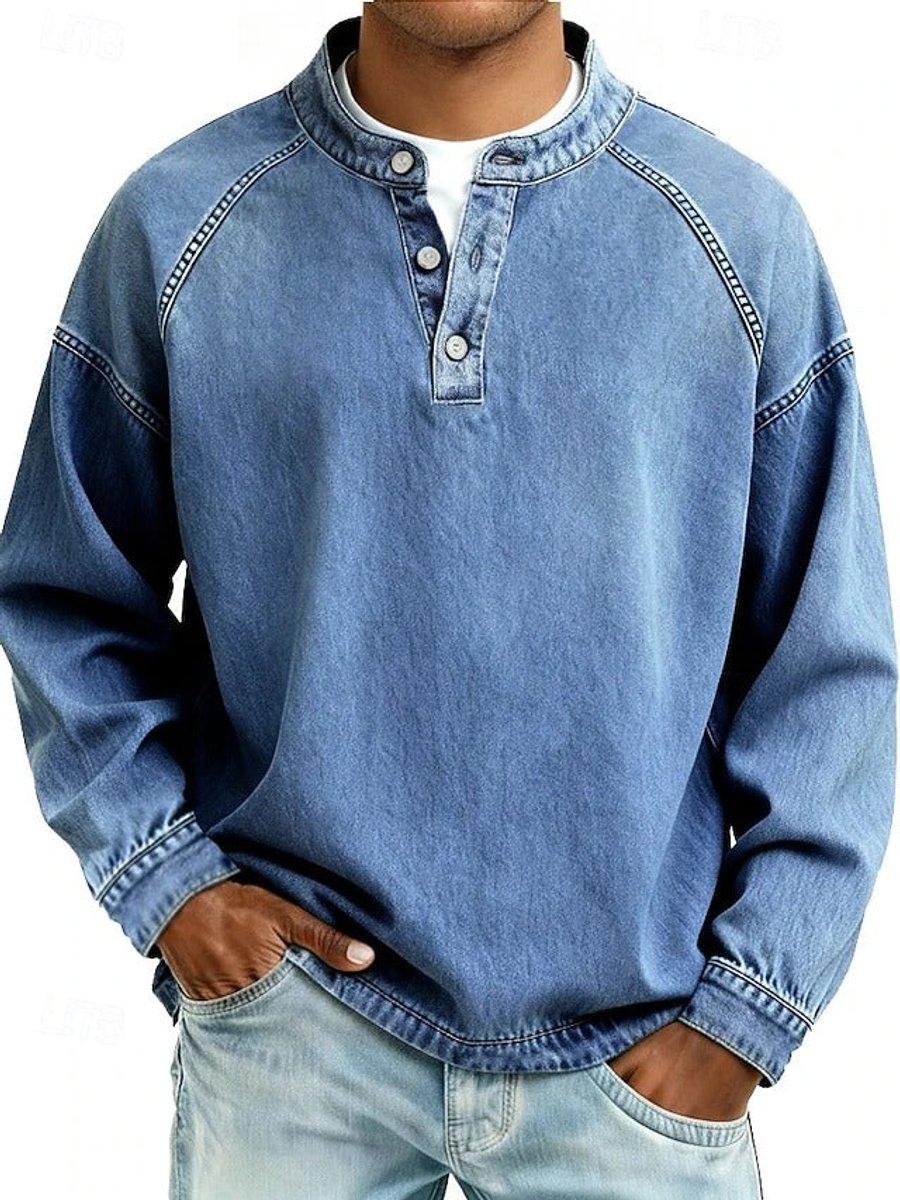 Men's Retro Washed Henley Knit Sweater – Light Blue