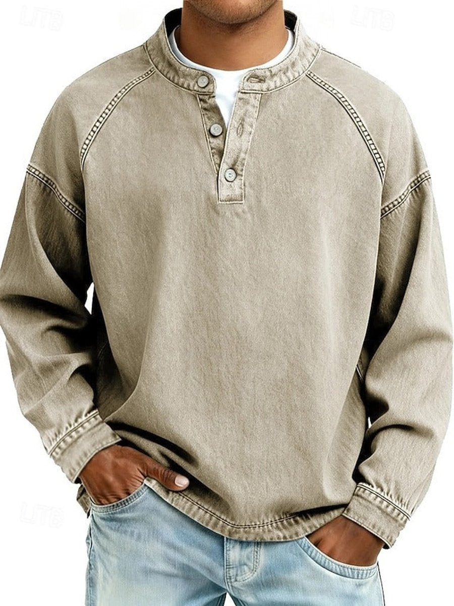 Men's Retro Washed Henley Knit Sweater – Khaki