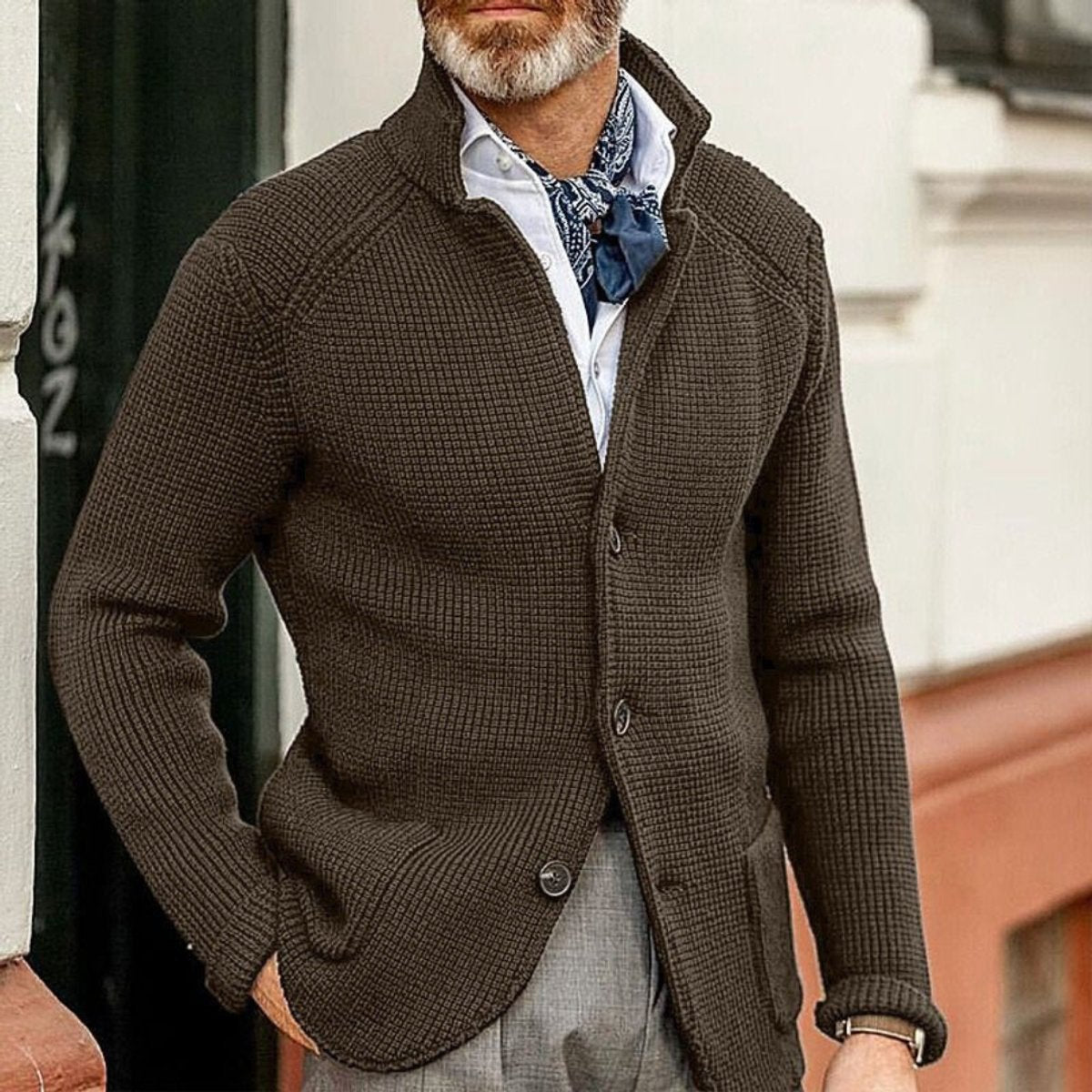 Men's Waffle-Knit Button-Front Knit Cardigan – Coffee