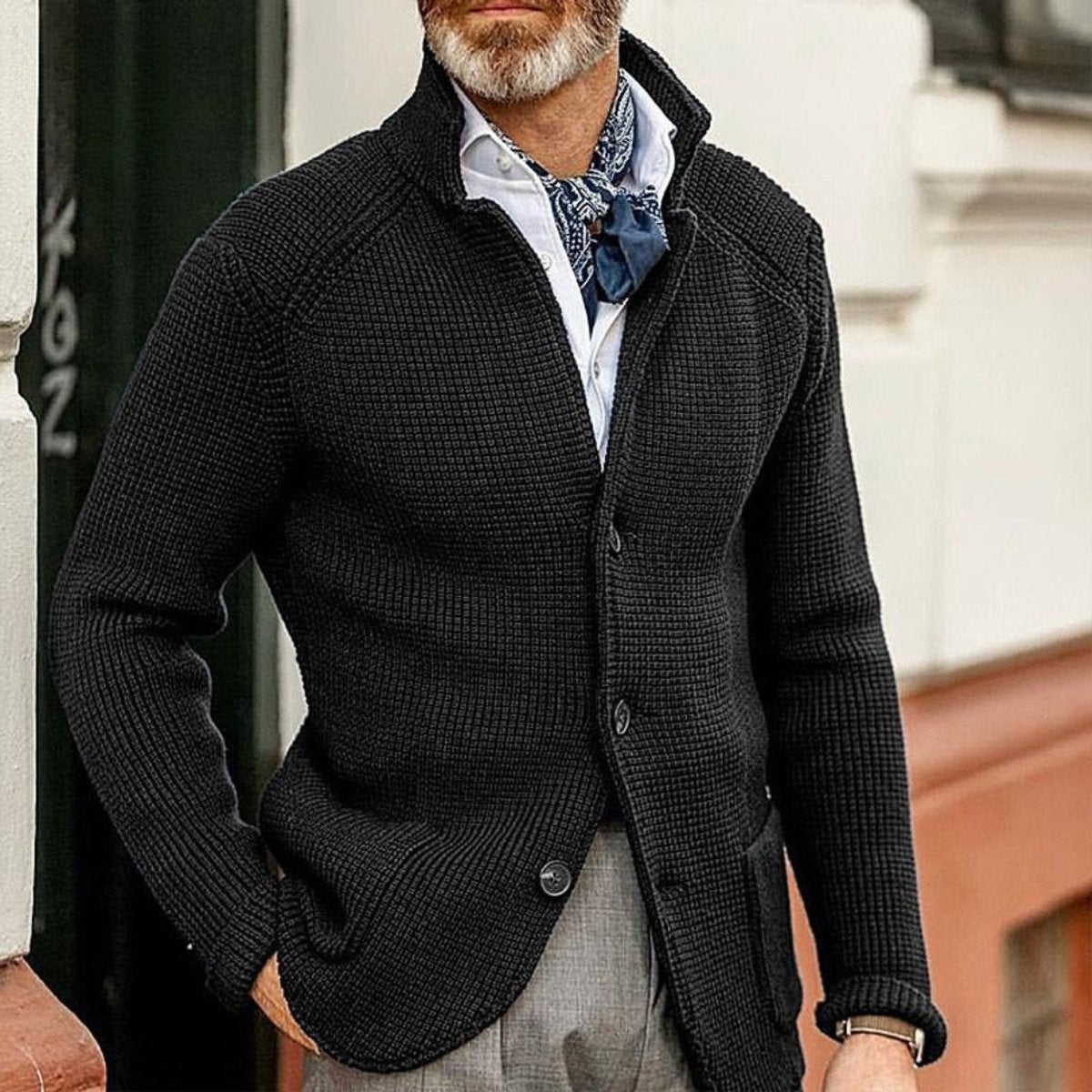 Men's Waffle-Knit Button-Front Knit Cardigan – Black