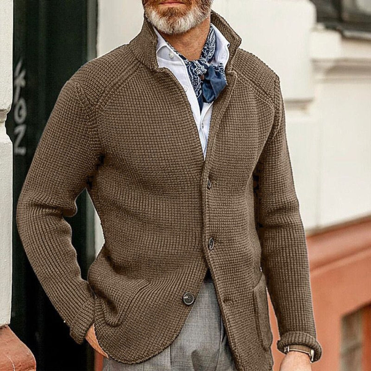 Men's Waffle-Knit Button-Front Knit Cardigan – Brown