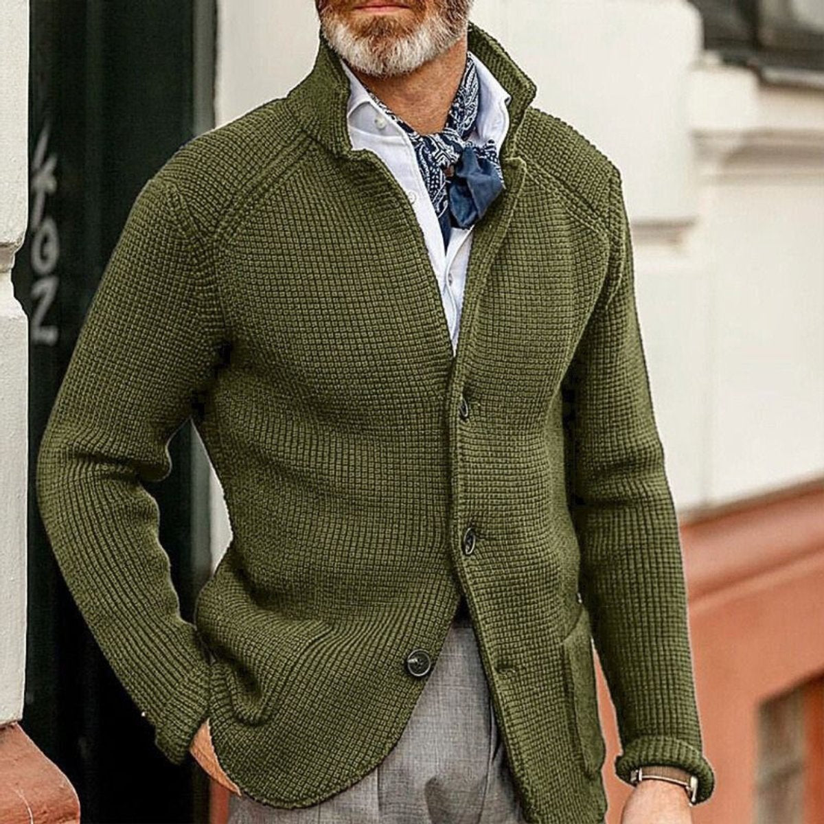 Men's Waffle-Knit Button-Front Knit Cardigan – Green