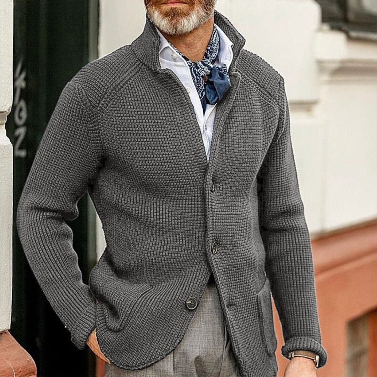 Men's Waffle-Knit Button-Front Knit Cardigan – Gray