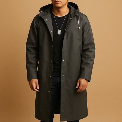 Men's Knee-Length Weatherproof Hood-Detail Rain Jacket – view 1