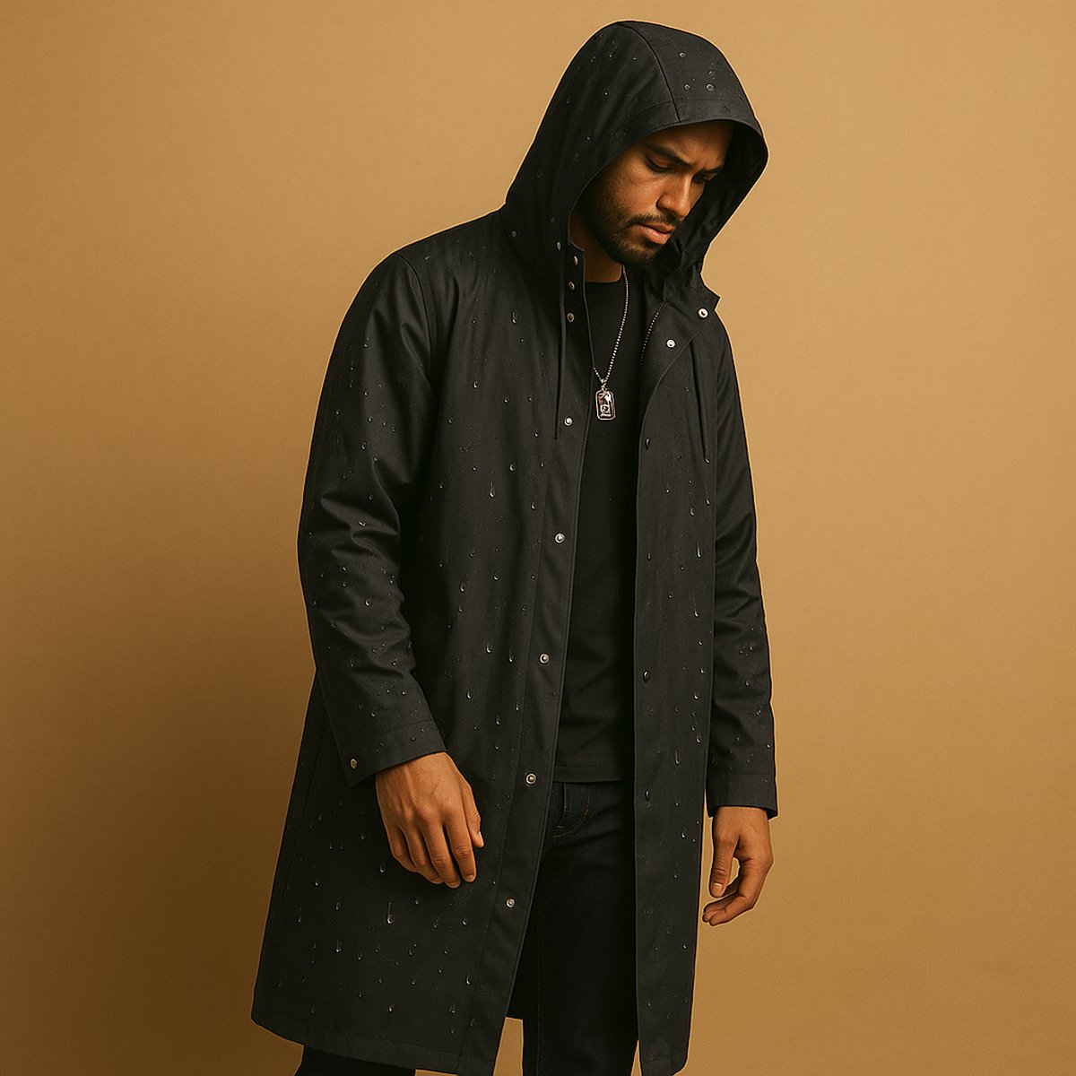 Men's Knee-Length Weatherproof Hood-Detail Rain Jacket – view 2