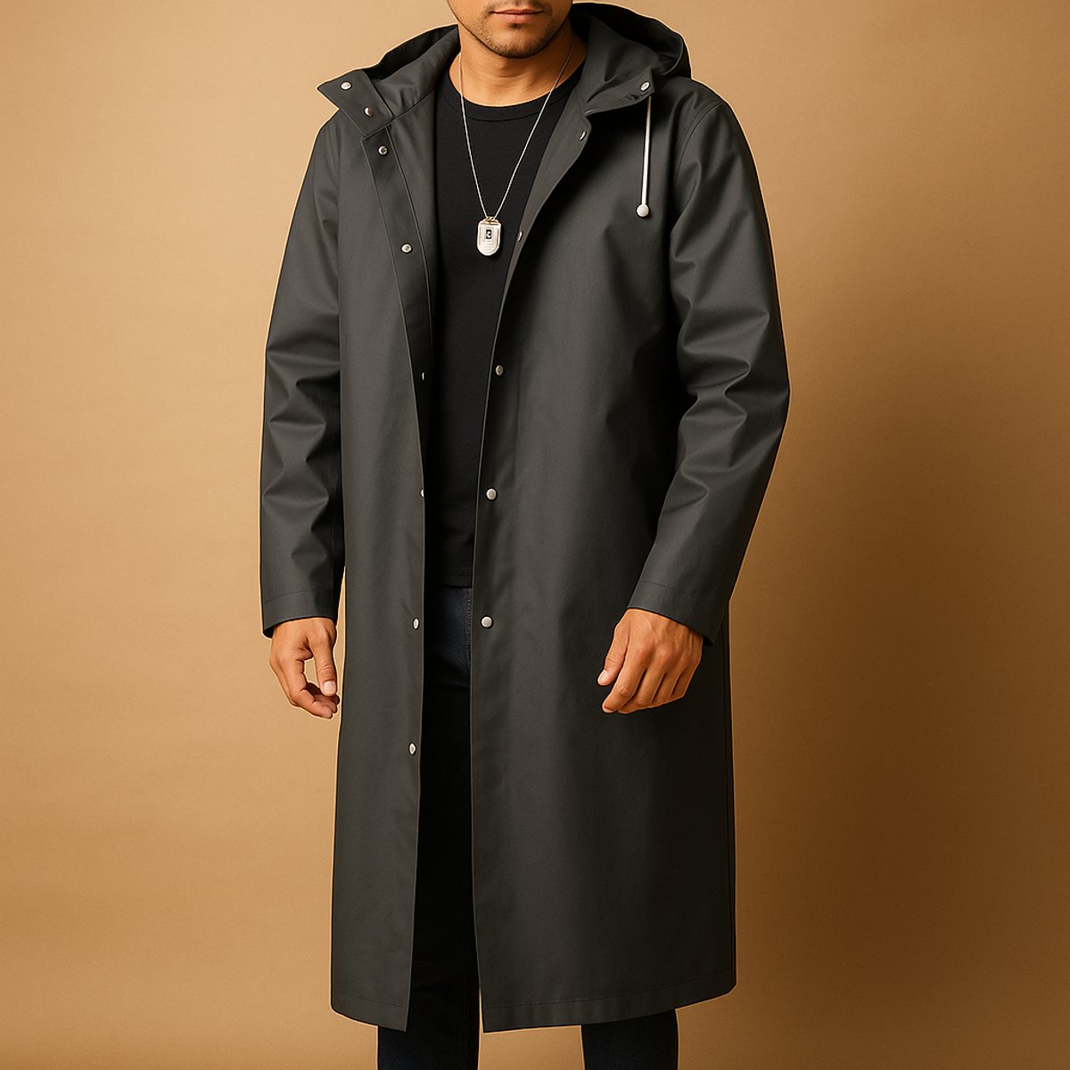 Men's Knee-Length Weatherproof Hood-Detail Rain Jacket – Black