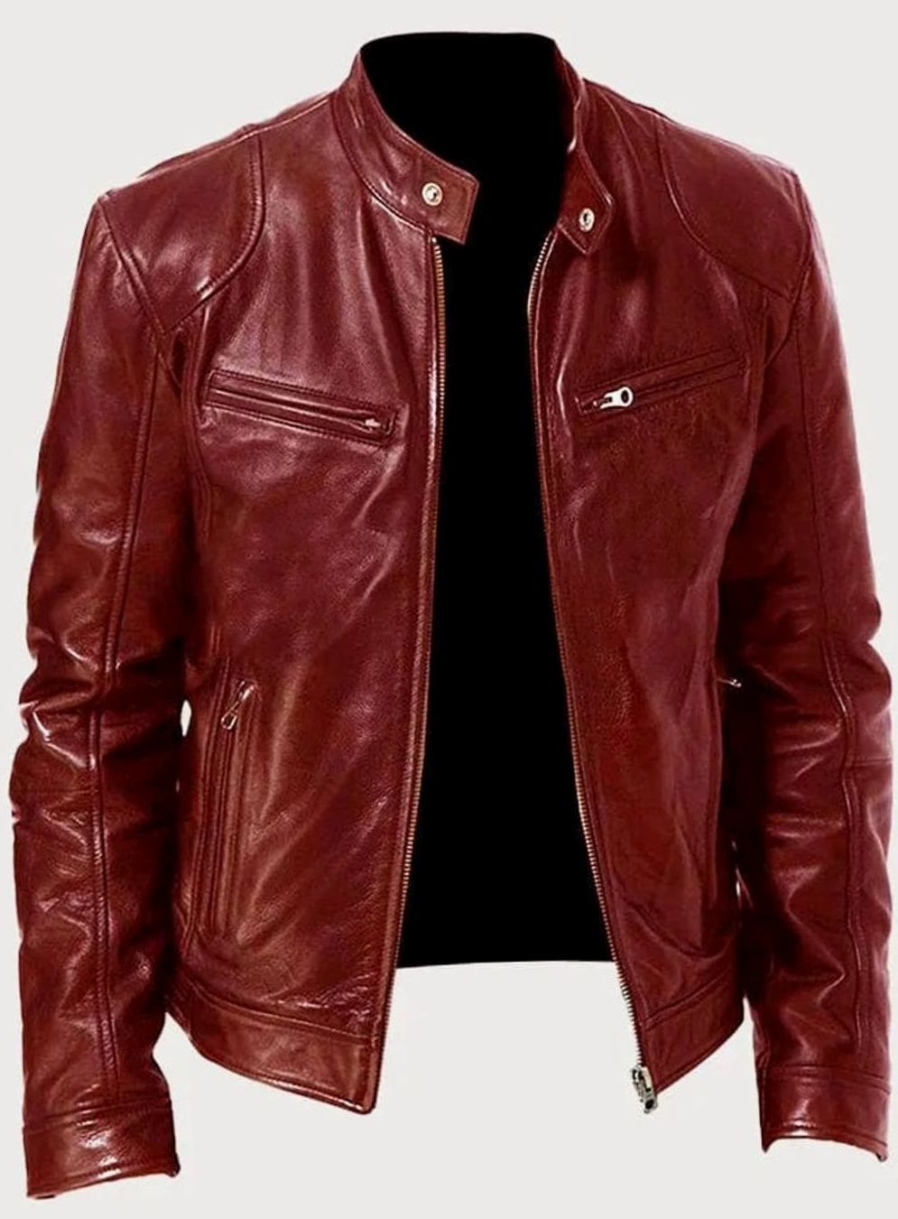 Men's Full-Zip Stand Collar Biker Jacket – Red