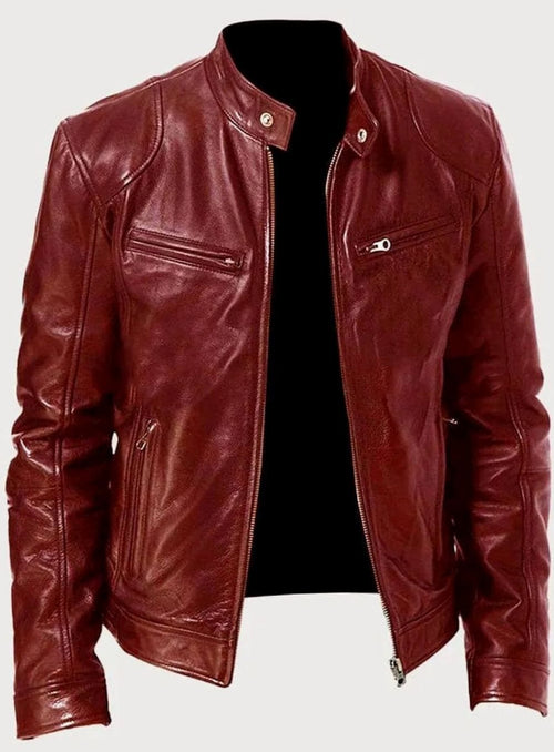 Men's Full-Zip Stand Collar Biker Jacket – Red