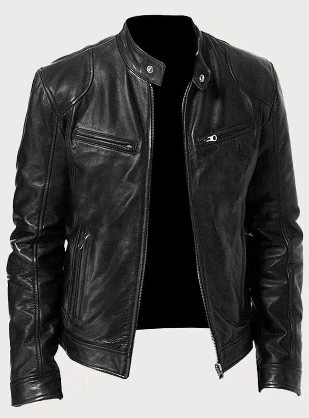 Men's Full-Zip Stand Collar Biker Jacket – Black
