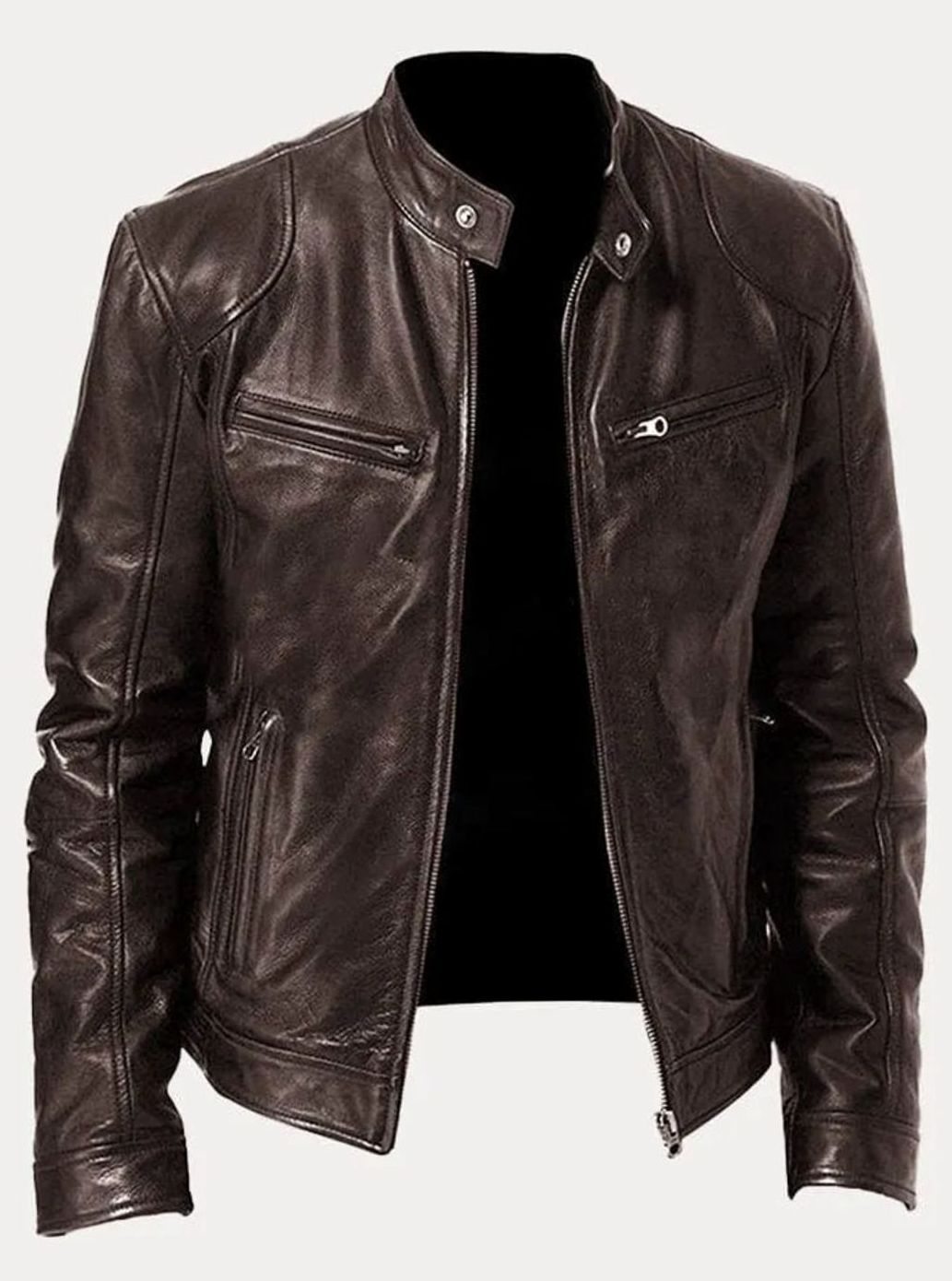 Men's Full-Zip Stand Collar Biker Jacket – Brown
